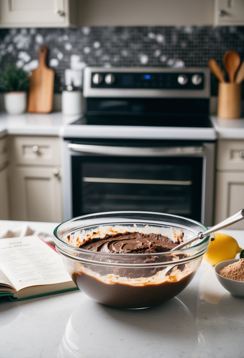 A mixing bowl filled with brownie batter sits on a kitchen counter next to a recipe book and ingredients. The oven is preheated in the background