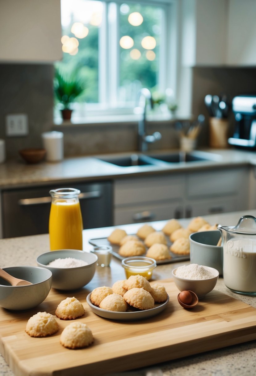 A kitchen counter with ingredients and utensils for making coconut macaroons