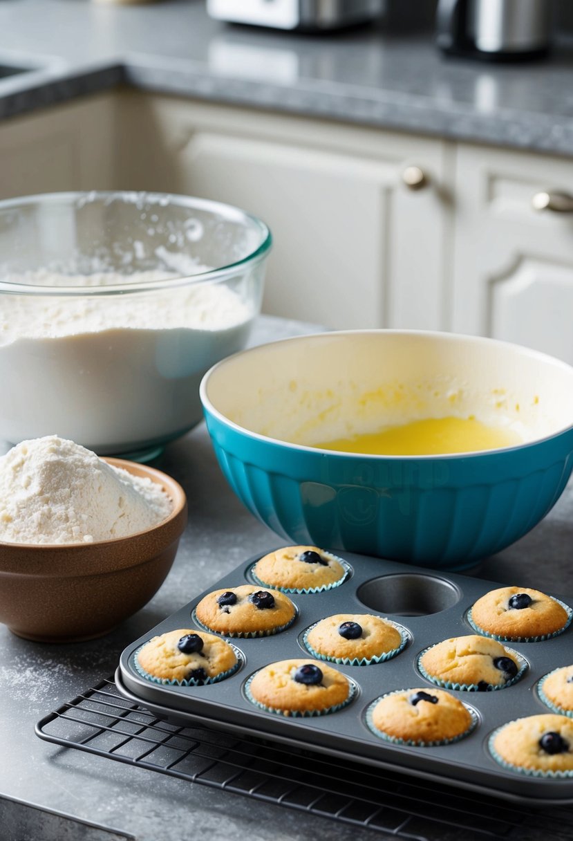 A kitchen counter with a mixing bowl, flour, blueberries, and a muffin tin. A cooling rack with freshly baked blueberry muffins