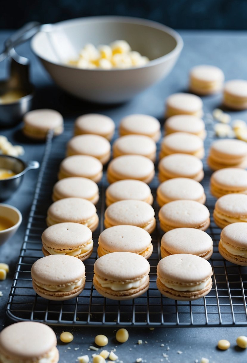 A tray of macarons with vanilla buttercream filling cools on a wire rack, surrounded by scattered ingredients and baking utensils