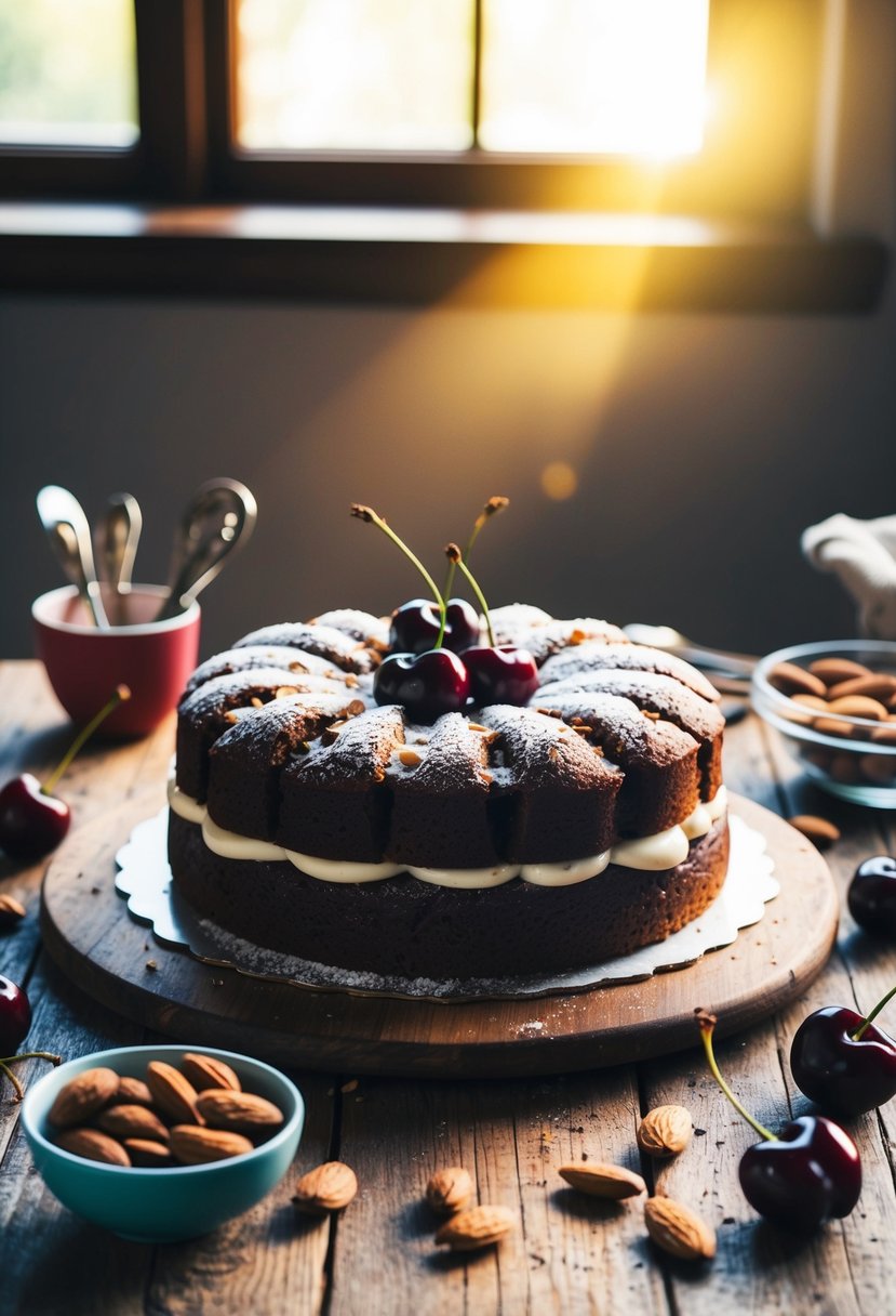 A cherry almond cake sits on a rustic wooden table surrounded by fresh cherries, almonds, and baking utensils. Sunlight streams through a nearby window, casting a warm glow on the scene