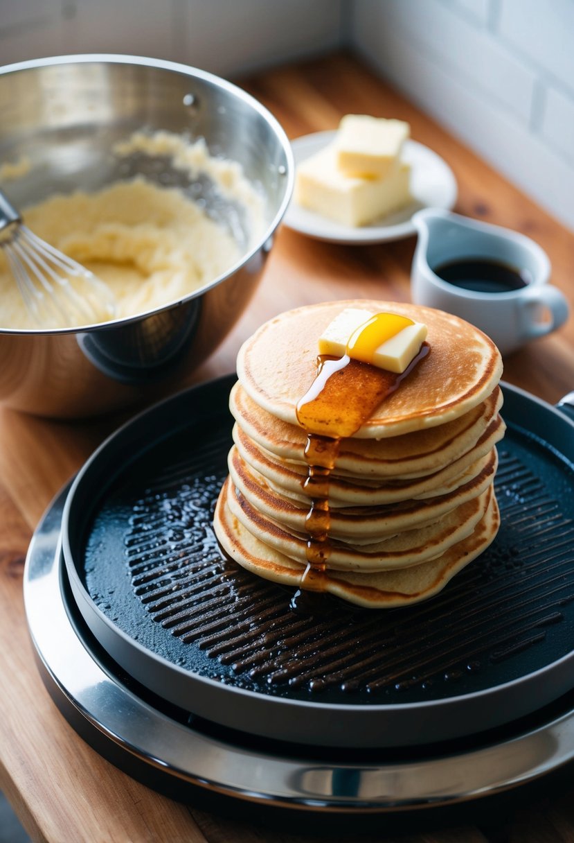 A mixing bowl filled with batter, a sizzling griddle, and a stack of golden brown pancakes topped with a dollop of butter and a drizzle of syrup