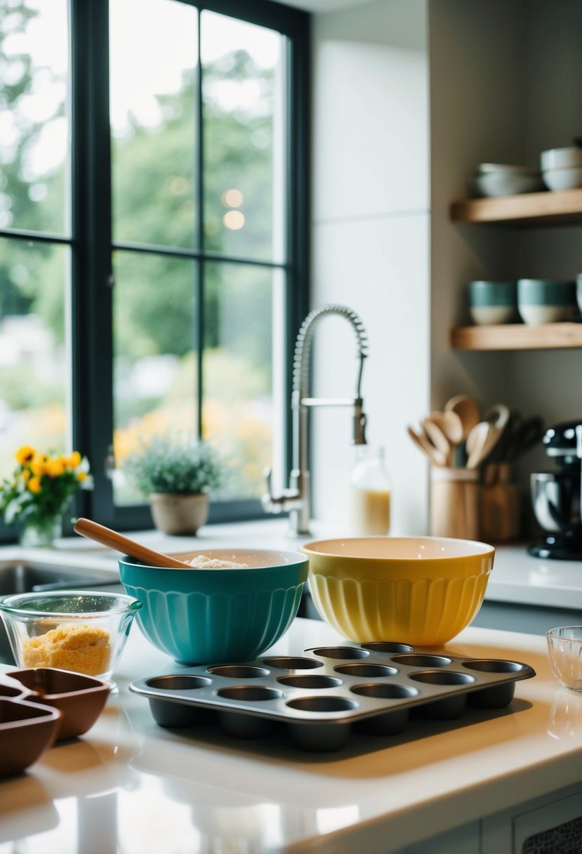 A kitchen counter with ingredients, mixing bowls, and a cupcake tray ready for baking