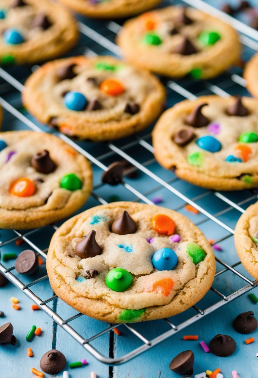 A batch of soft-baked monster cookies cooling on a wire rack, surrounded by scattered chocolate chips and colorful sprinkles