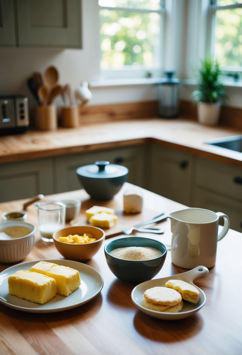 A kitchen counter with ingredients and utensils for making buttery biscuits