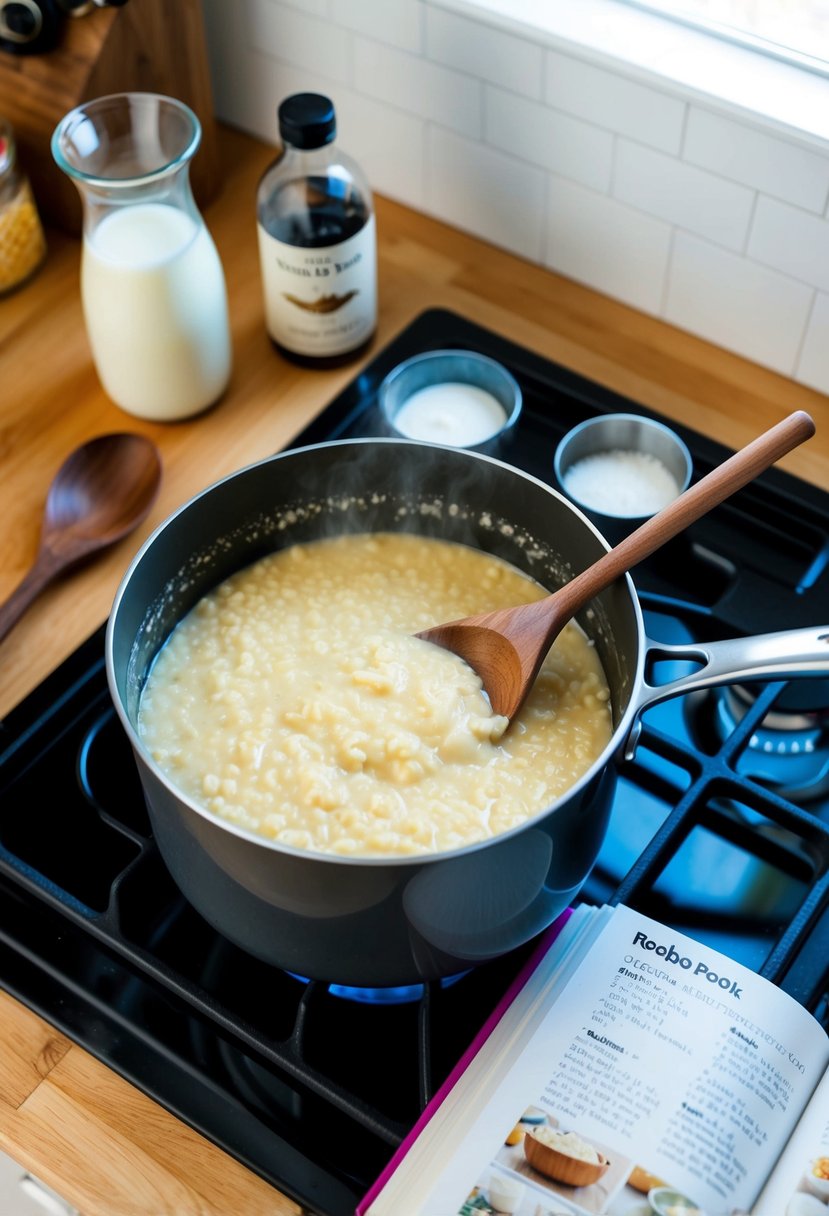 A pot of vanilla rice pudding simmers on a stovetop, surrounded by ingredients like milk, sugar, and vanilla extract. A wooden spoon rests on the counter next to a recipe book open to a dessert section