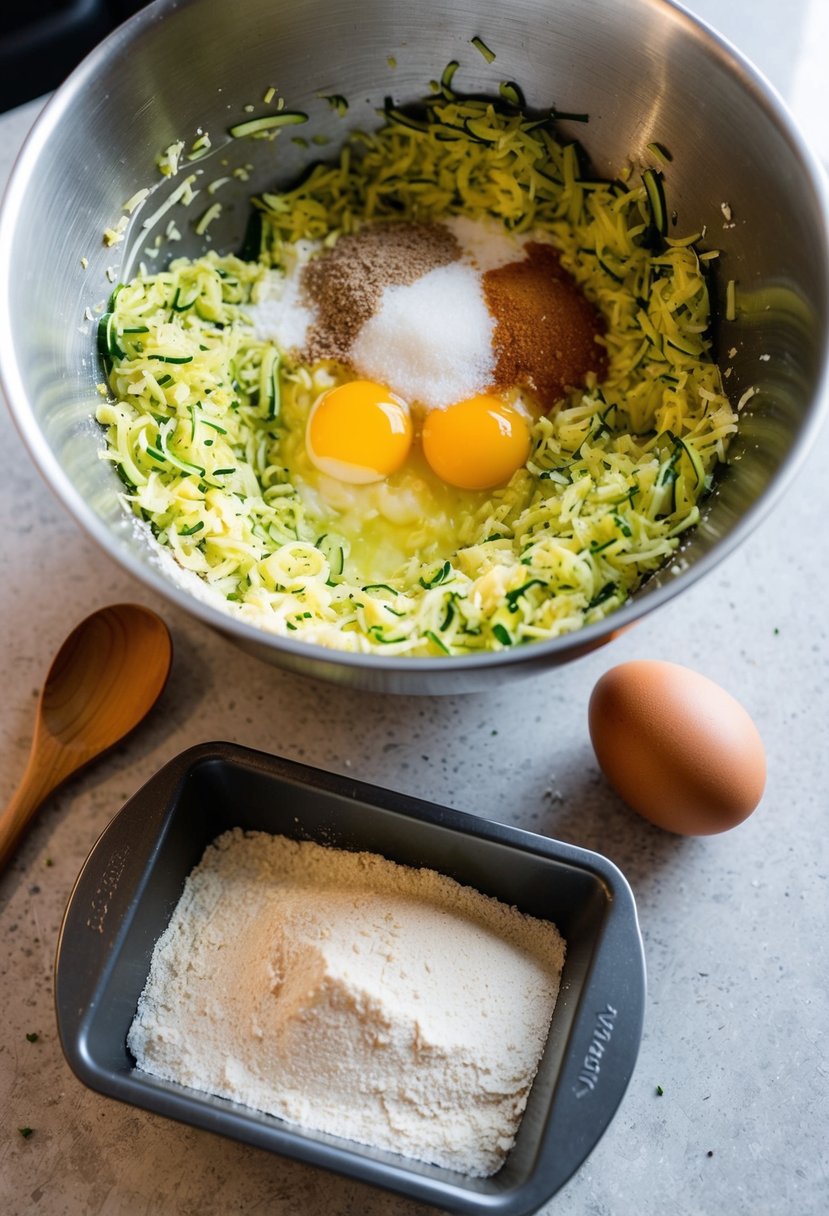 A mixing bowl with grated zucchini, eggs, flour, sugar, and spices. A wooden spoon and loaf pan on a countertop