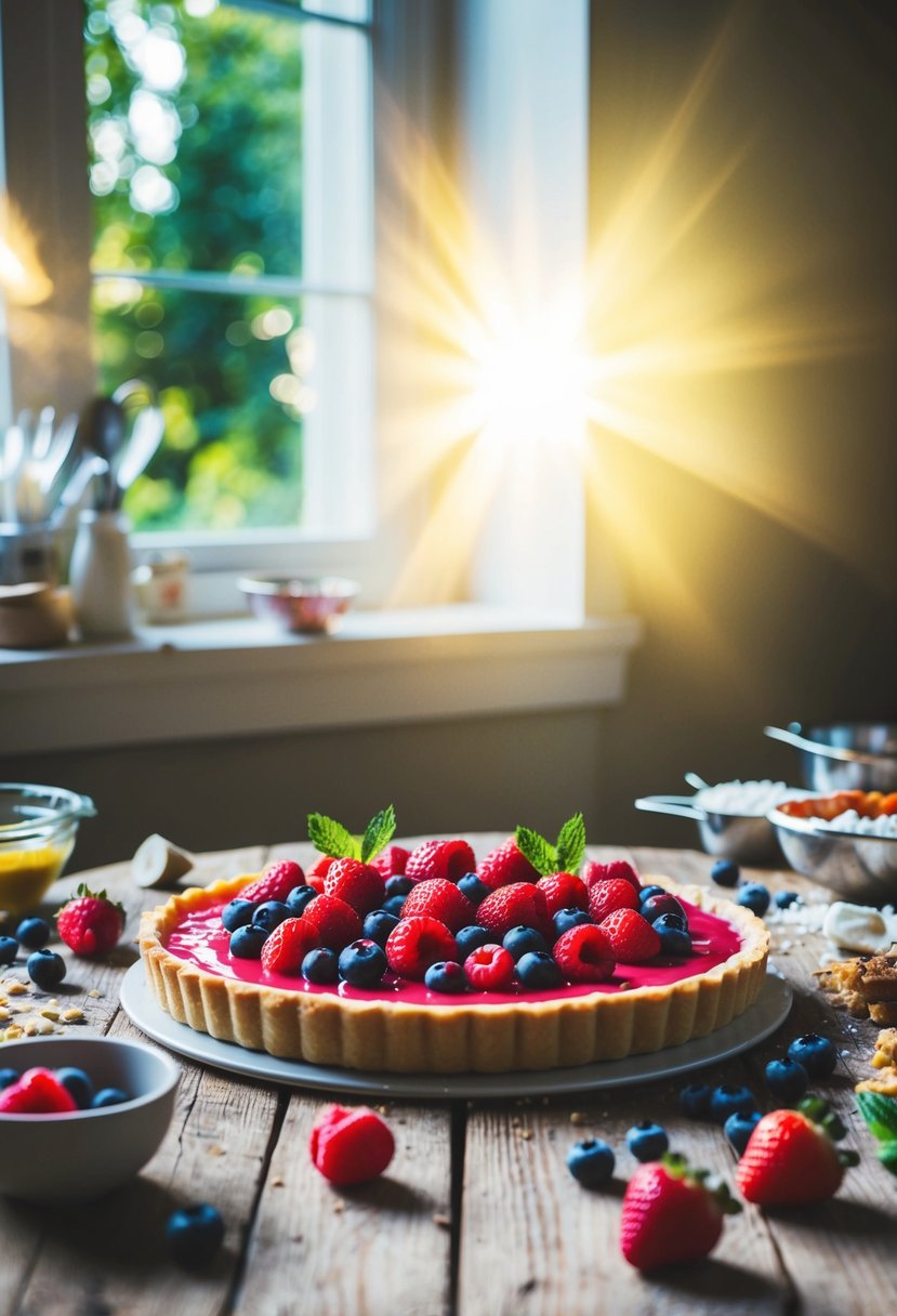 A fruit tart with fresh berries sits on a rustic wooden table, surrounded by scattered ingredients and baking utensils. Sunlight streams in through a nearby window, casting a warm glow on the dessert