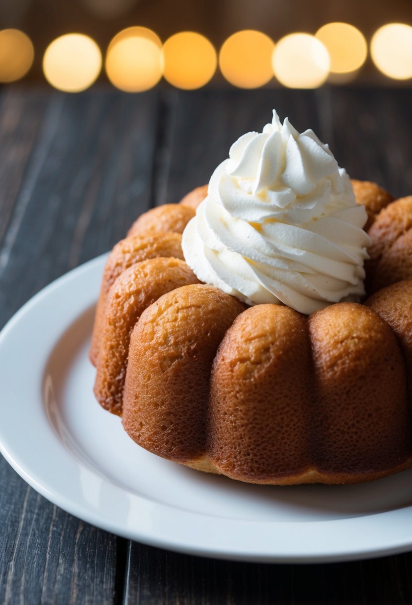 A golden brown pound cake sits on a white plate, topped with a generous dollop of fluffy whipped cream