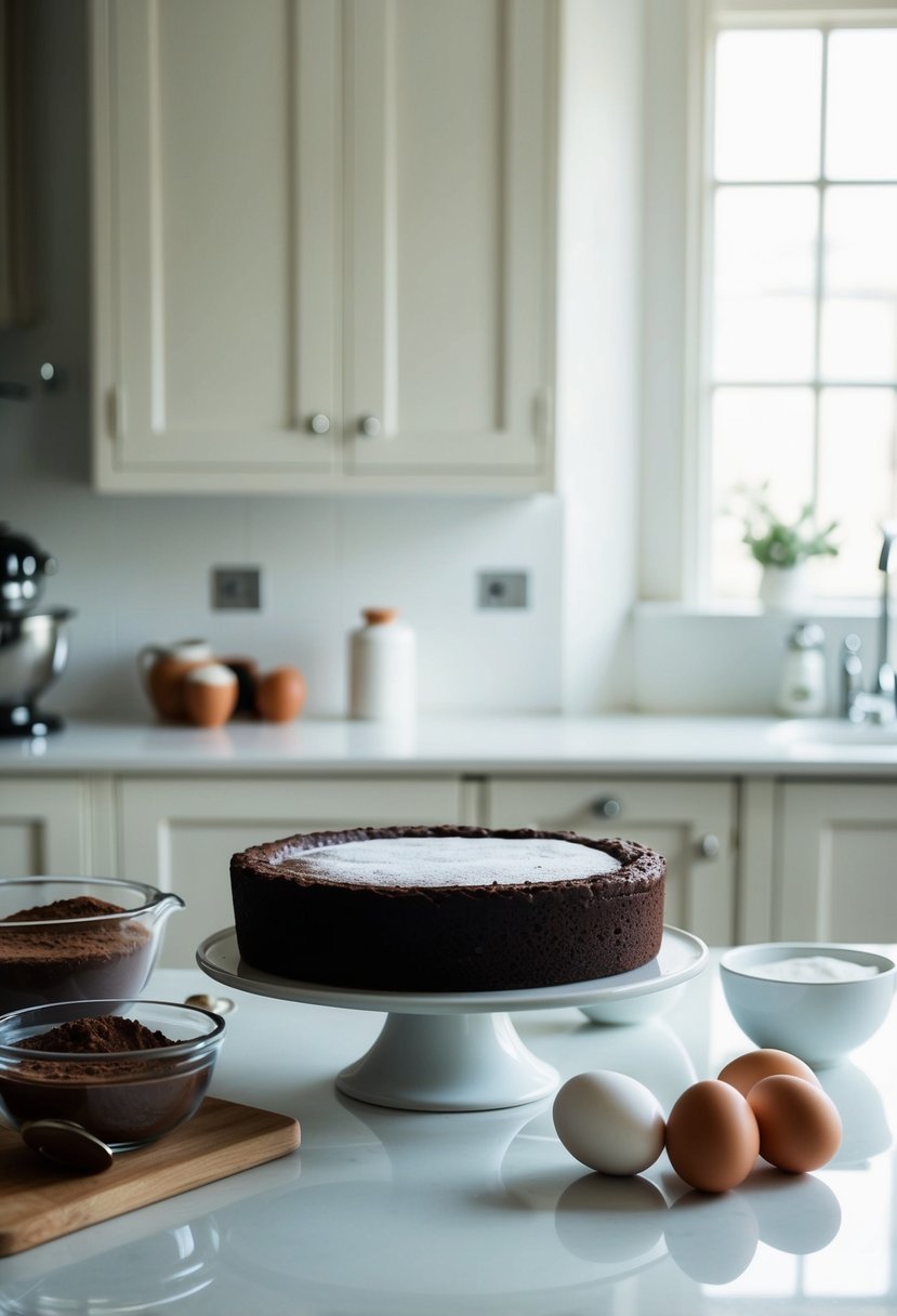 A rich chocolate torte being baked in a pristine kitchen, with ingredients like cocoa, eggs, and sugar neatly arranged on the counter