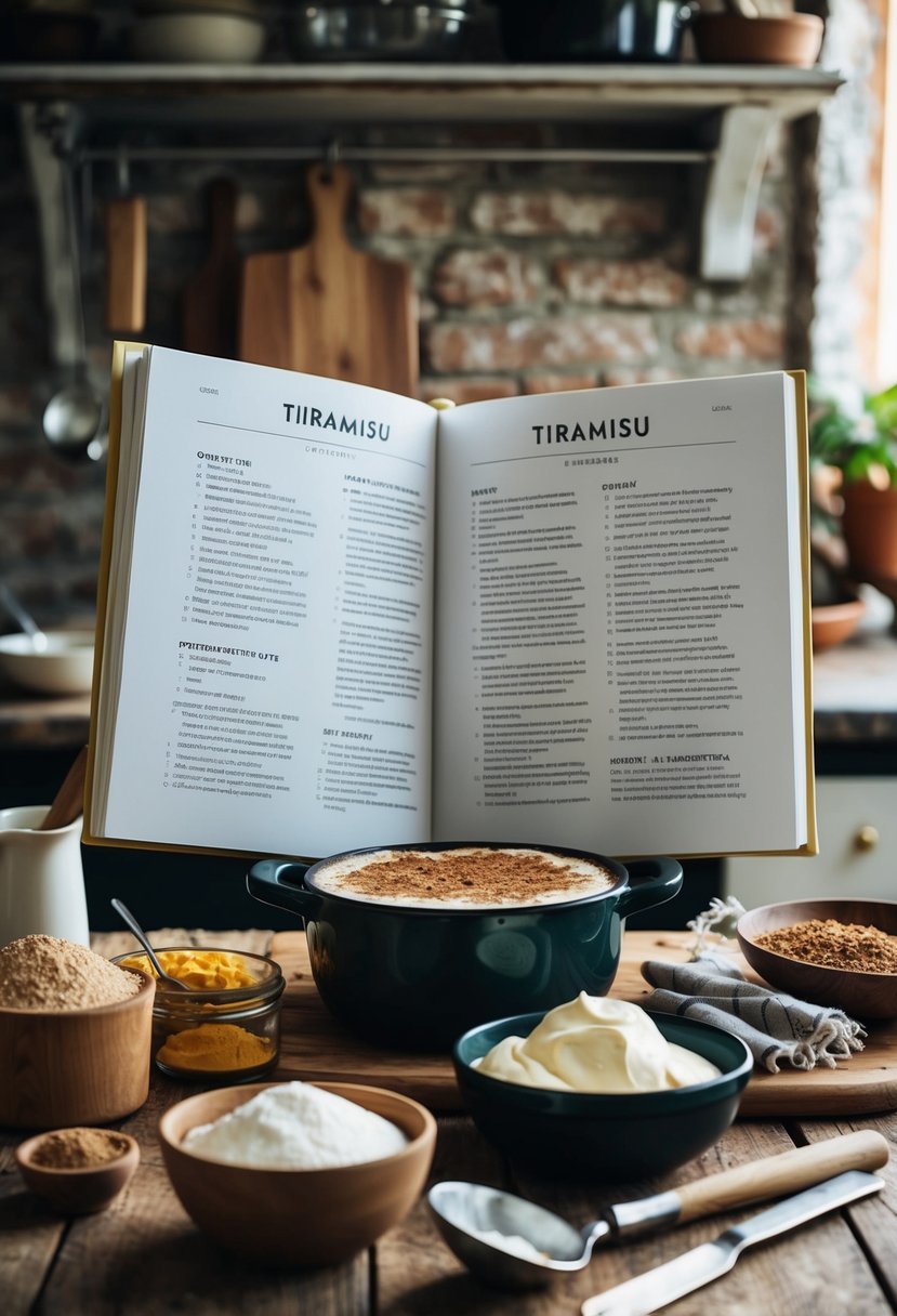 A rustic kitchen with ingredients and utensils for making classic Tiramisu. A recipe book open to the page for the dessert