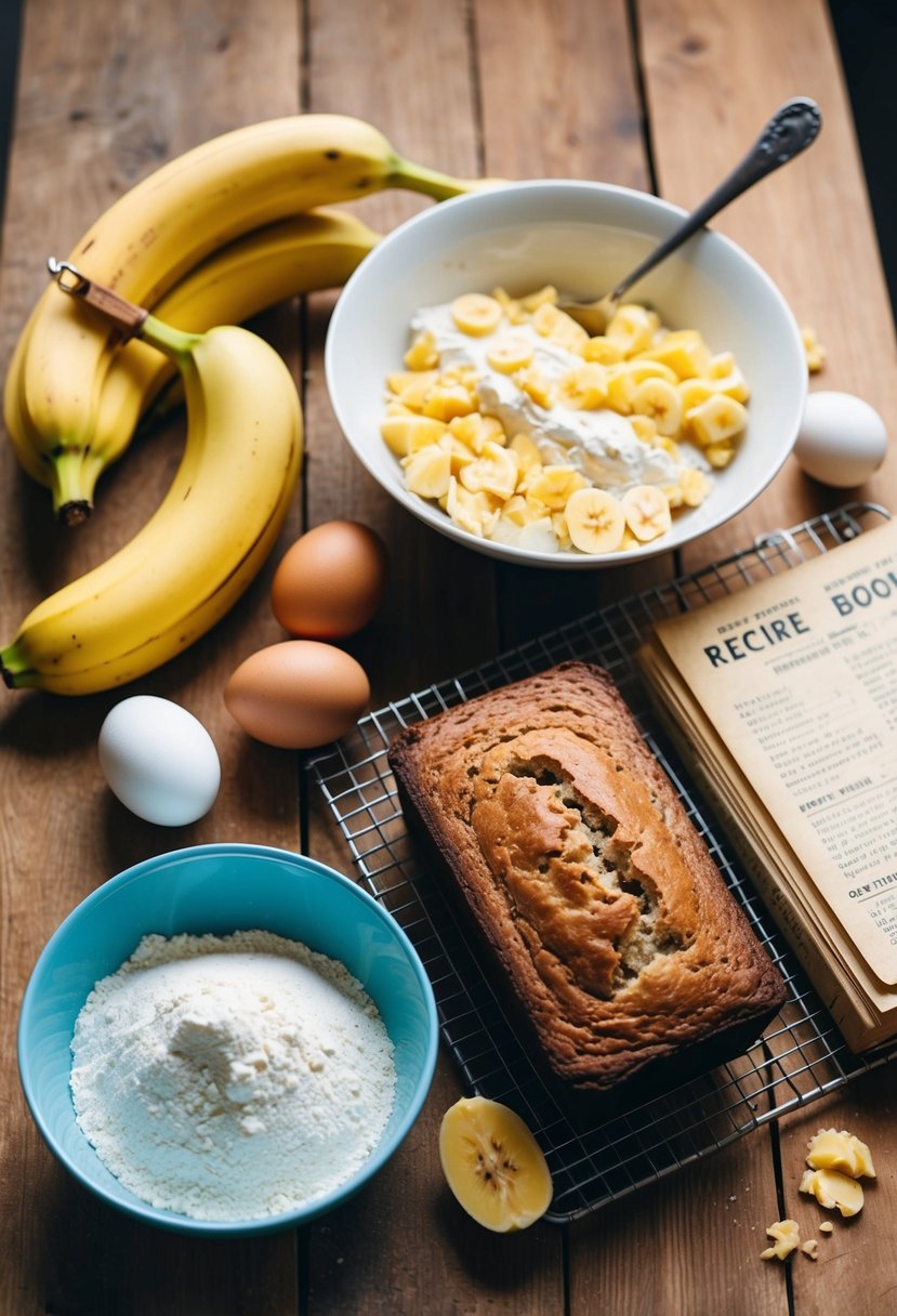 A wooden table with scattered ingredients: bananas, flour, eggs, and a mixing bowl. A loaf of banana bread sits next to a vintage recipe book