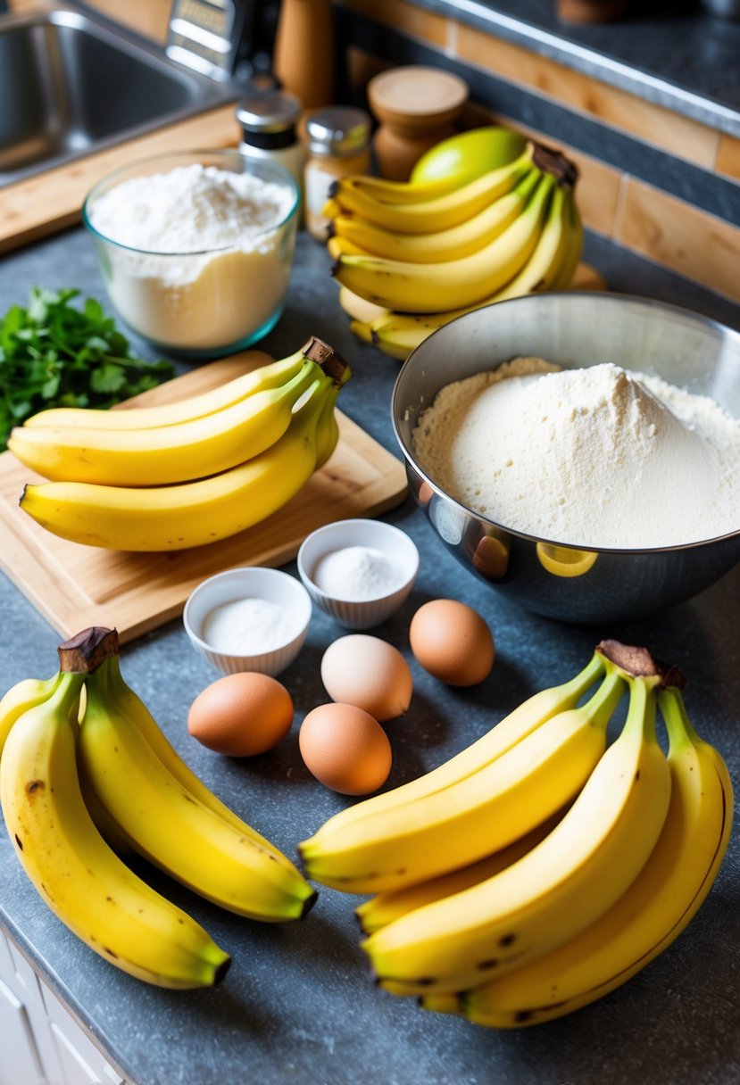 A kitchen counter with a variety of ripe bananas, a cutting board, and a mixing bowl surrounded by ingredients like flour, sugar, and eggs