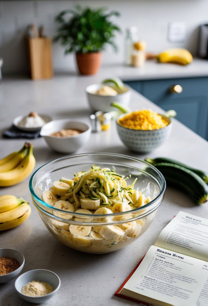 A kitchen counter with a mixing bowl filled with mashed bananas and shredded zucchini, surrounded by ingredients and a recipe book open to banana bread recipes