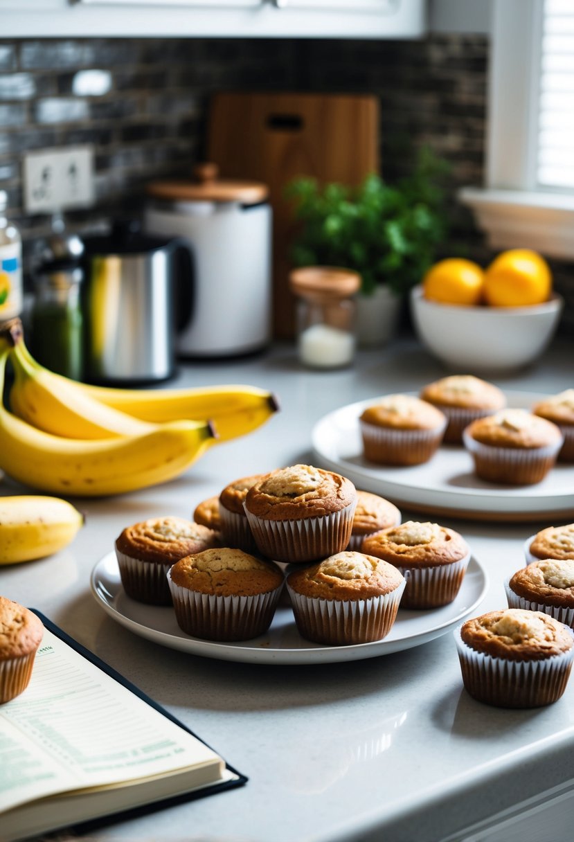 A kitchen counter with a plate of freshly baked banana bread muffins, surrounded by ingredients and a recipe book