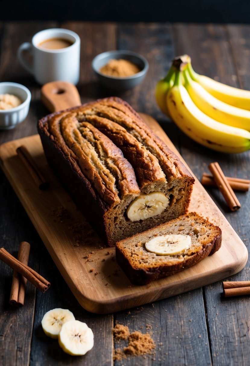 A loaf of freshly baked cinnamon swirl banana bread sits on a rustic wooden cutting board, surrounded by scattered cinnamon sticks and ripe bananas