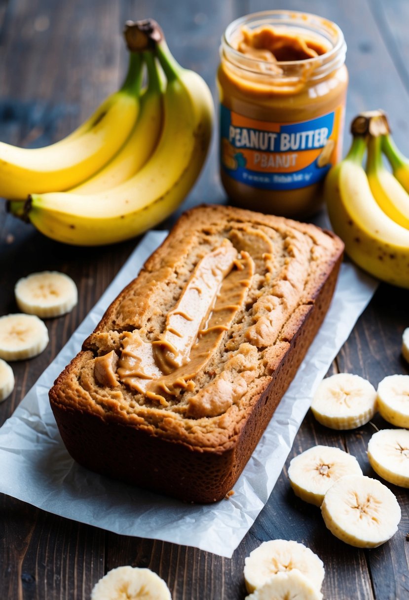 A loaf of peanut butter banana bread surrounded by fresh bananas and a jar of peanut butter