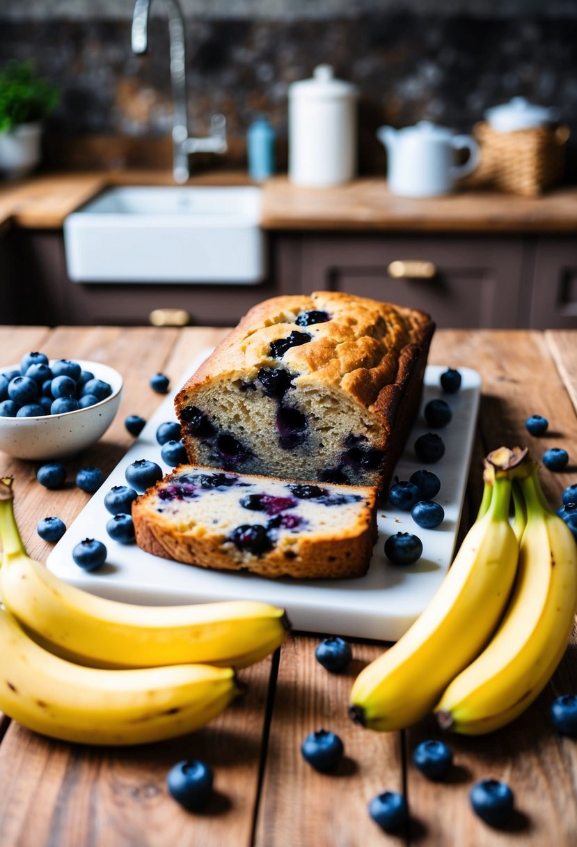 A rustic kitchen counter with a loaf of blueberry banana bread surrounded by fresh blueberries and bananas