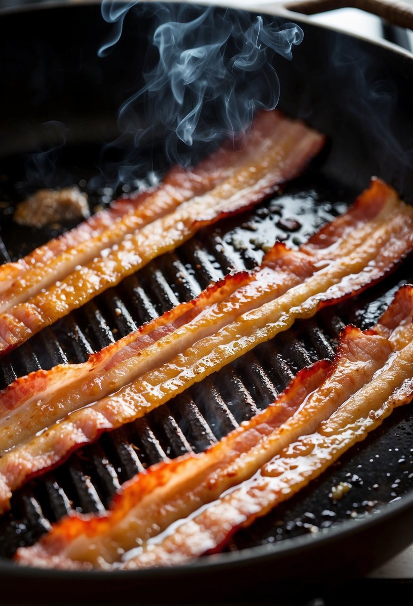 A sizzling skillet of bacon strips cooking over a medium flame, emitting a mouthwatering aroma