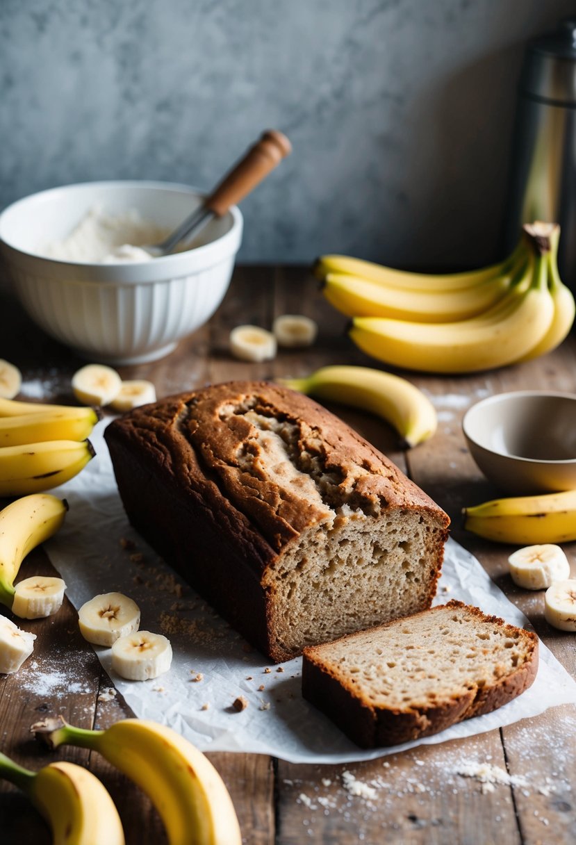 A rustic kitchen counter with a loaf of Sourdough Banana Bread, surrounded by scattered bananas, flour, and a mixing bowl