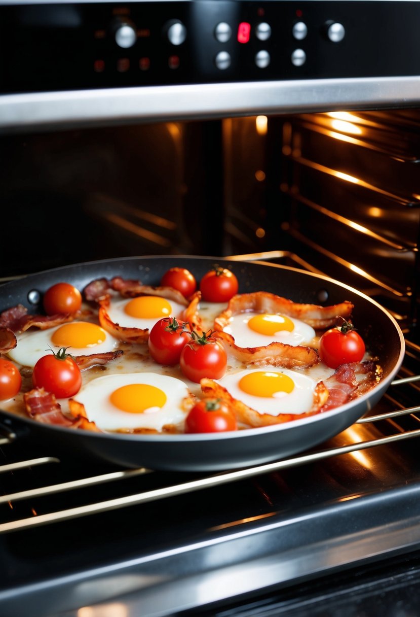 A sizzling pan of bacon, eggs, and tomatoes cooking in the oven