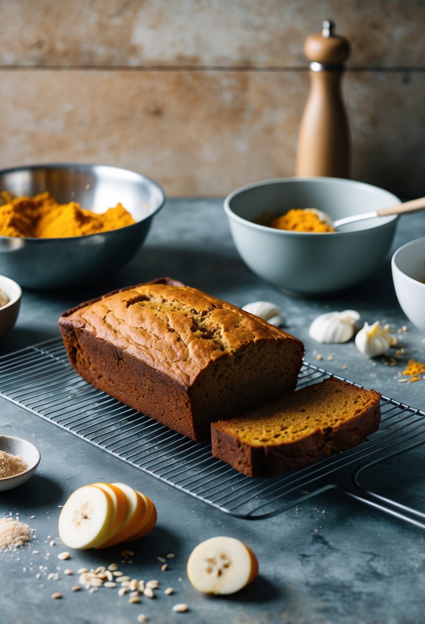 A rustic kitchen counter with a freshly baked loaf of pumpkin banana bread cooling on a wire rack, surrounded by scattered ingredients and a mixing bowl