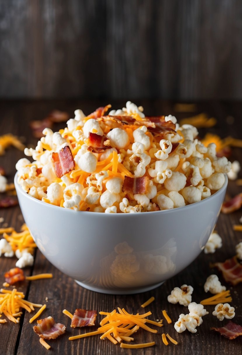 A bowl of freshly popped bacon-cheddar popcorn sits on a wooden table, surrounded by scattered bacon bits and cheese shreds