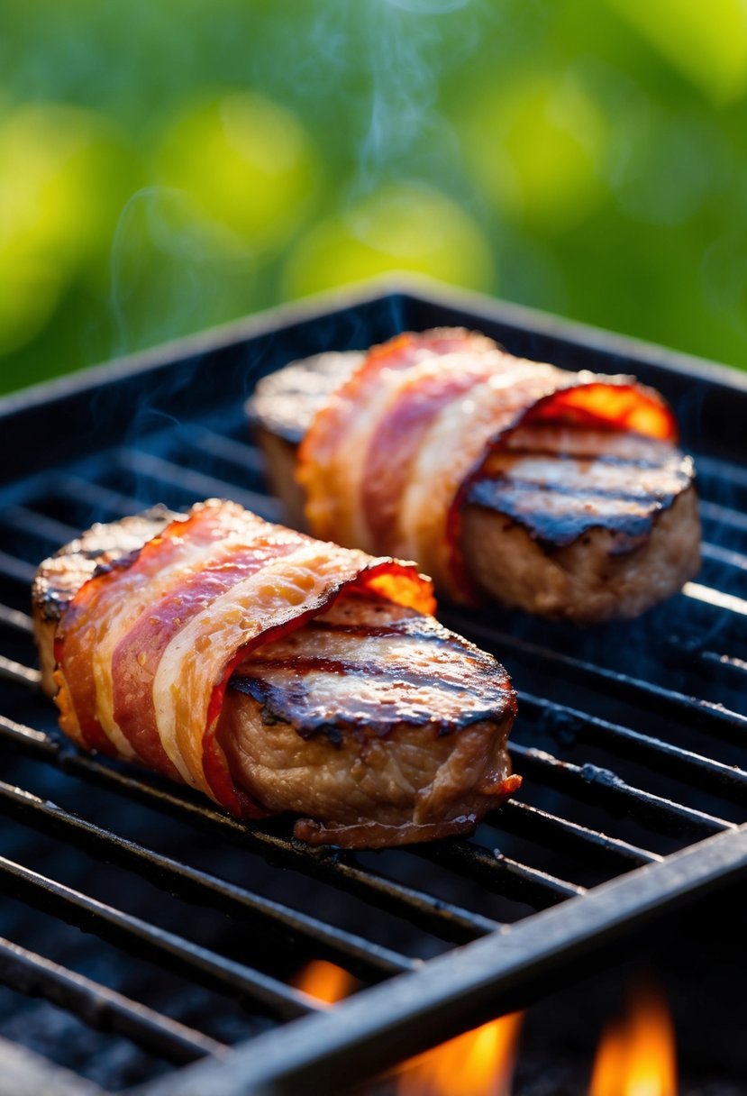 Two succulent filet mignons wrapped in crispy bacon on a sizzling grill