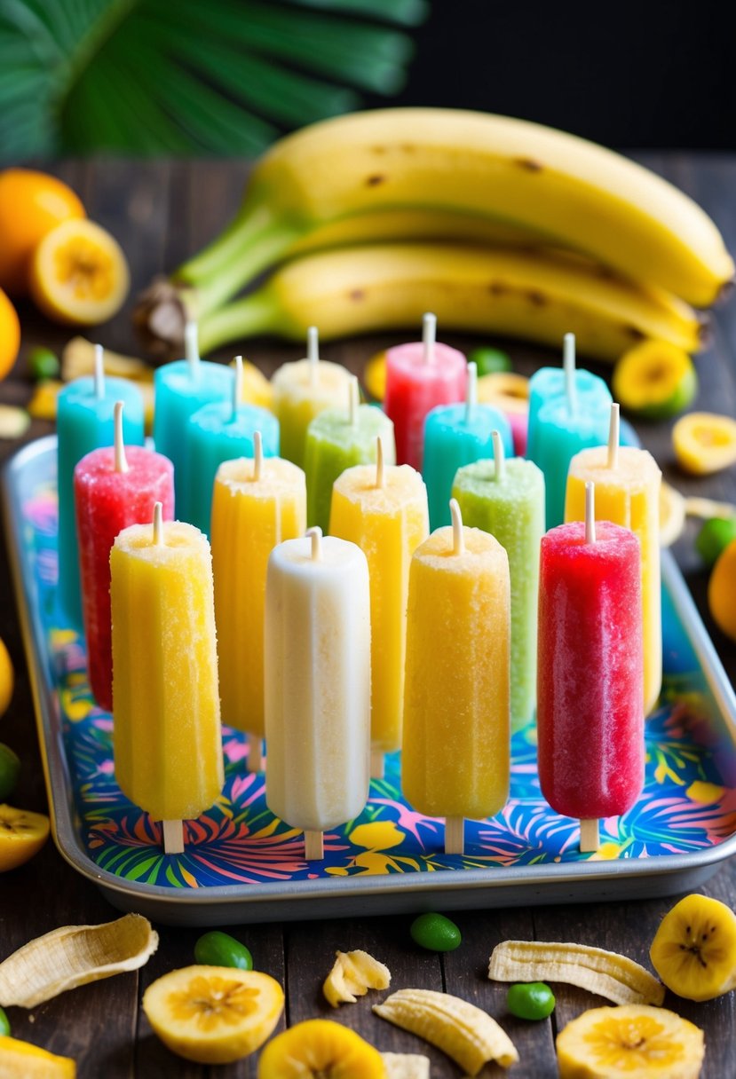 A colorful array of frozen banana pops displayed on a tray, surrounded by scattered banana peels and vibrant tropical fruits