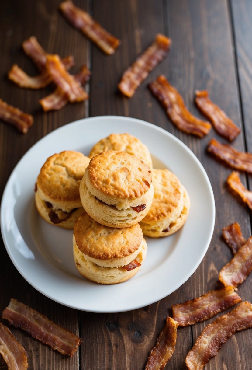 A wooden table with a plate of golden-brown maple-bacon scones surrounded by scattered strips of crispy bacon