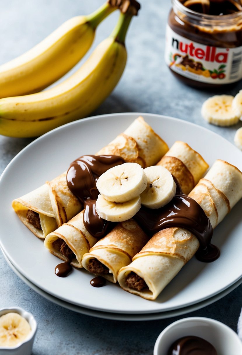 A plate of Nutella banana crepes with sliced bananas and a drizzle of chocolate spread