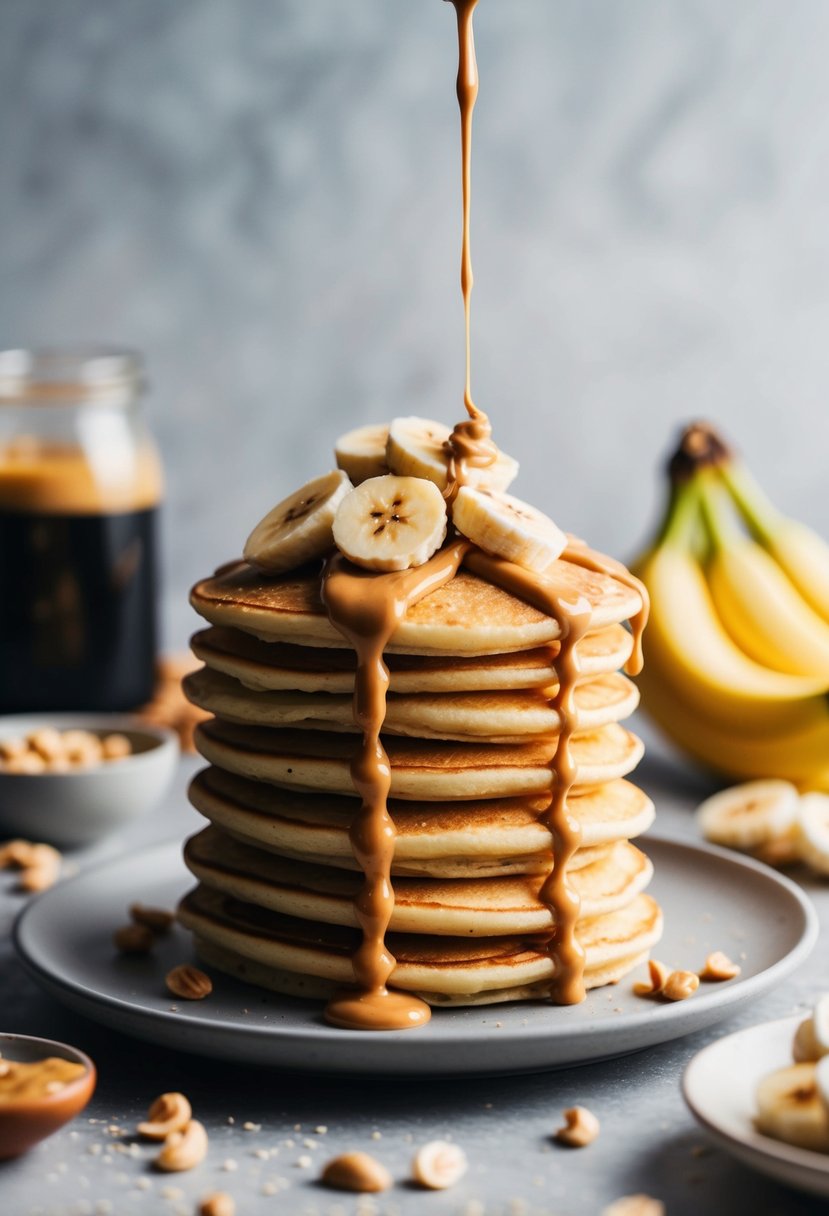 A stack of golden pancakes topped with sliced bananas and drizzled with creamy peanut butter