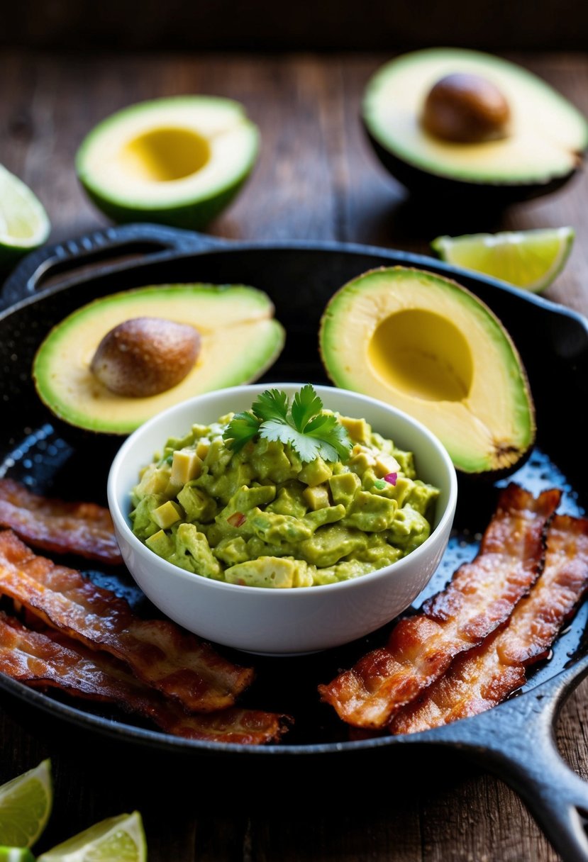 A sizzling skillet with crispy bacon strips and a fresh bowl of guacamole surrounded by avocado halves and lime wedges