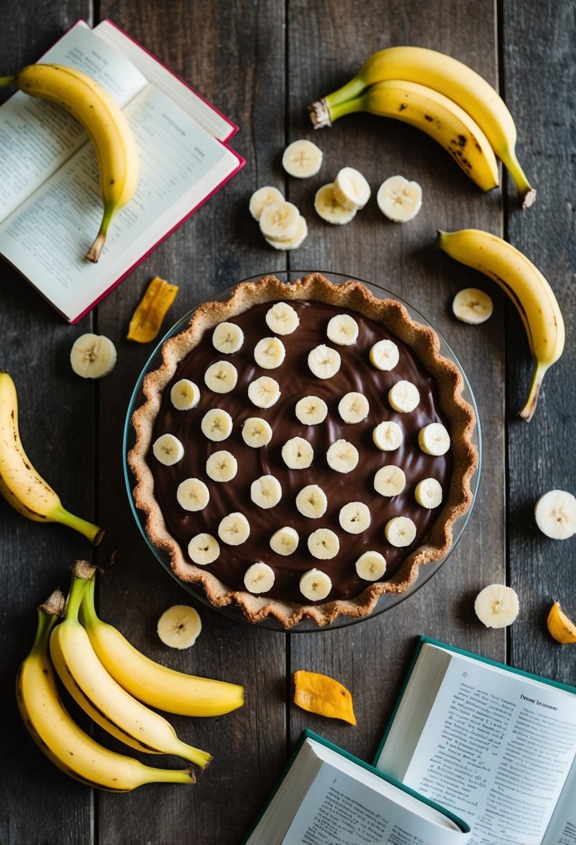 A rustic kitchen table with a freshly baked hazelnut chocolate banana cream pie surrounded by scattered banana peels and recipe books