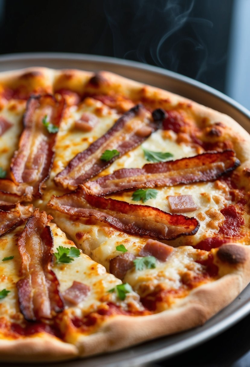 A sizzling bacon pizza with crispy bacon strips and savory toppings on a golden, bubbly crust