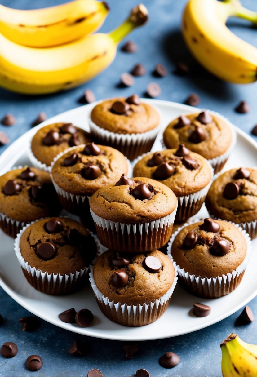 A plate of freshly baked banana chocolate muffins surrounded by ripe bananas and scattered chocolate chips