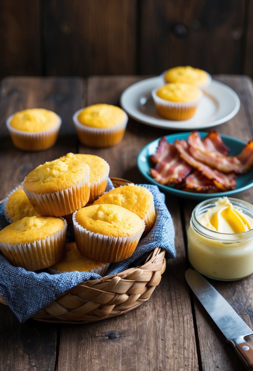 A rustic kitchen scene with a wooden table set with a basket of cornbread muffins, a dish of sizzling bacon, and a jar of creamy butter