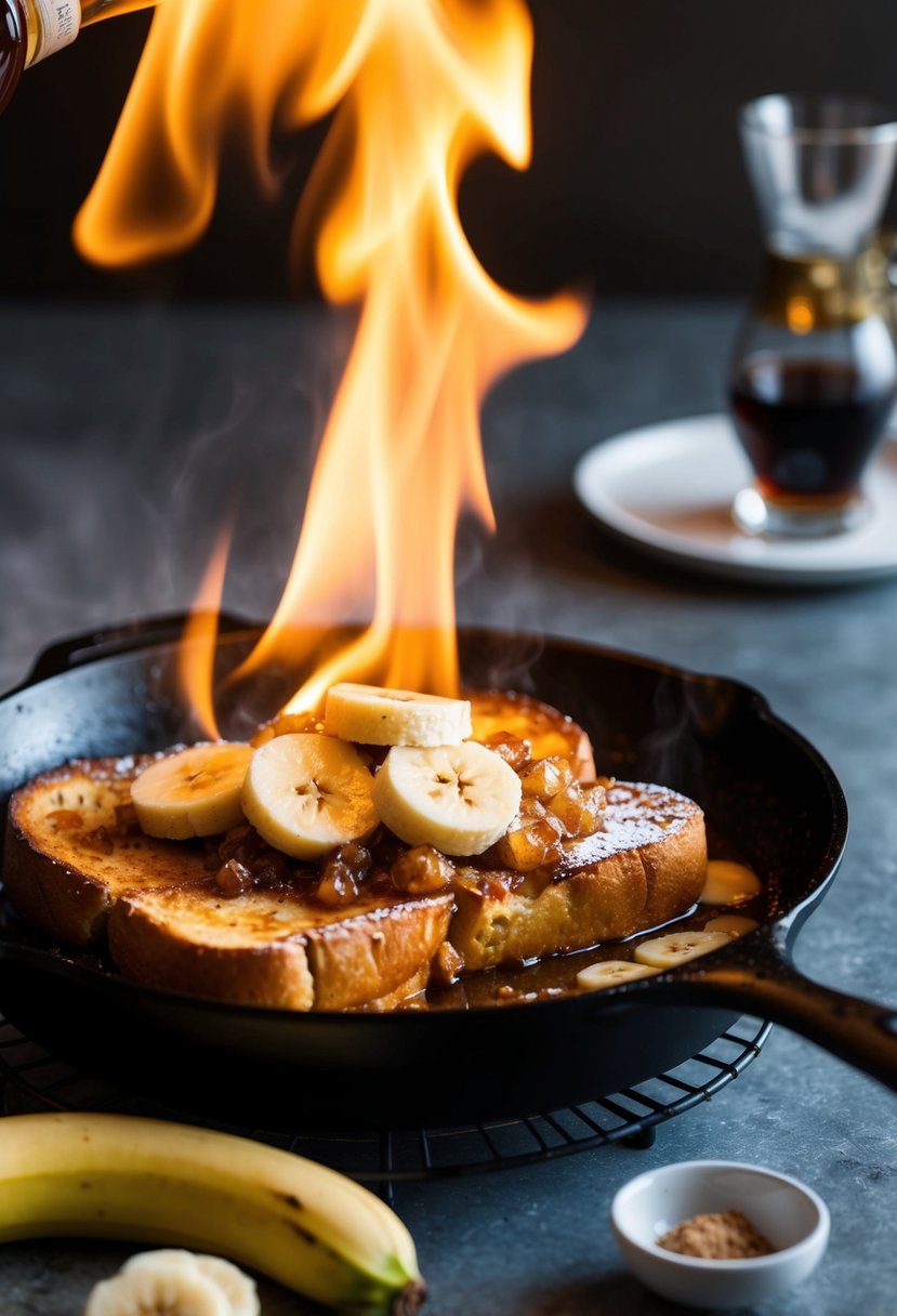 A sizzling skillet of Banana Foster French Toast being flambeed with bananas, brown sugar, and rum, emitting a sweet, caramelized aroma