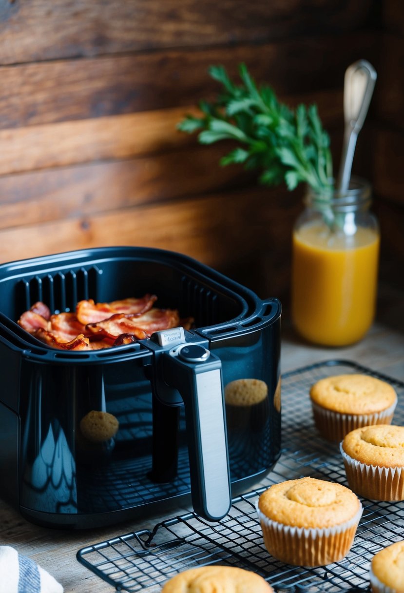 A sizzling air-fryer cooks bacon. Peanut butter cornbread muffins cool on a wire rack