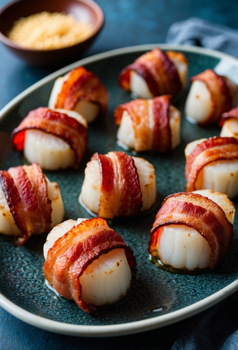 Scallops wrapped in crispy bacon, arranged on a serving platter