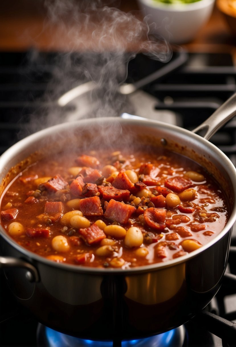 A steaming pot of chili simmering on a stovetop, chunks of savory bacon and beans visible in the rich, aromatic broth