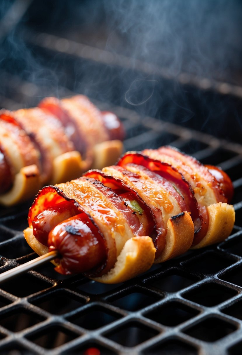 A sizzling bacon-wrapped hot dog on a grill