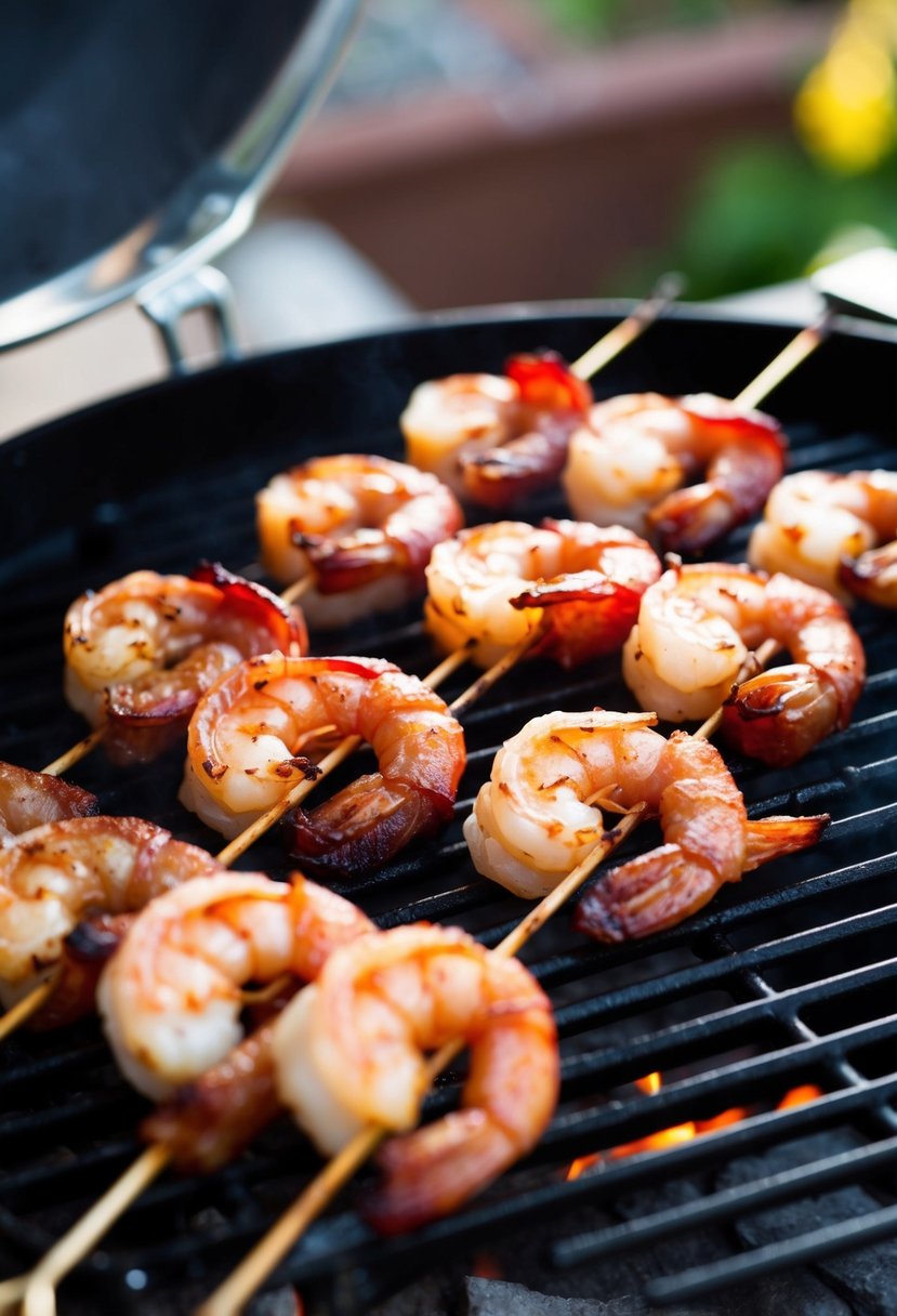 Bacon-wrapped shrimp skewers sizzling on a grill