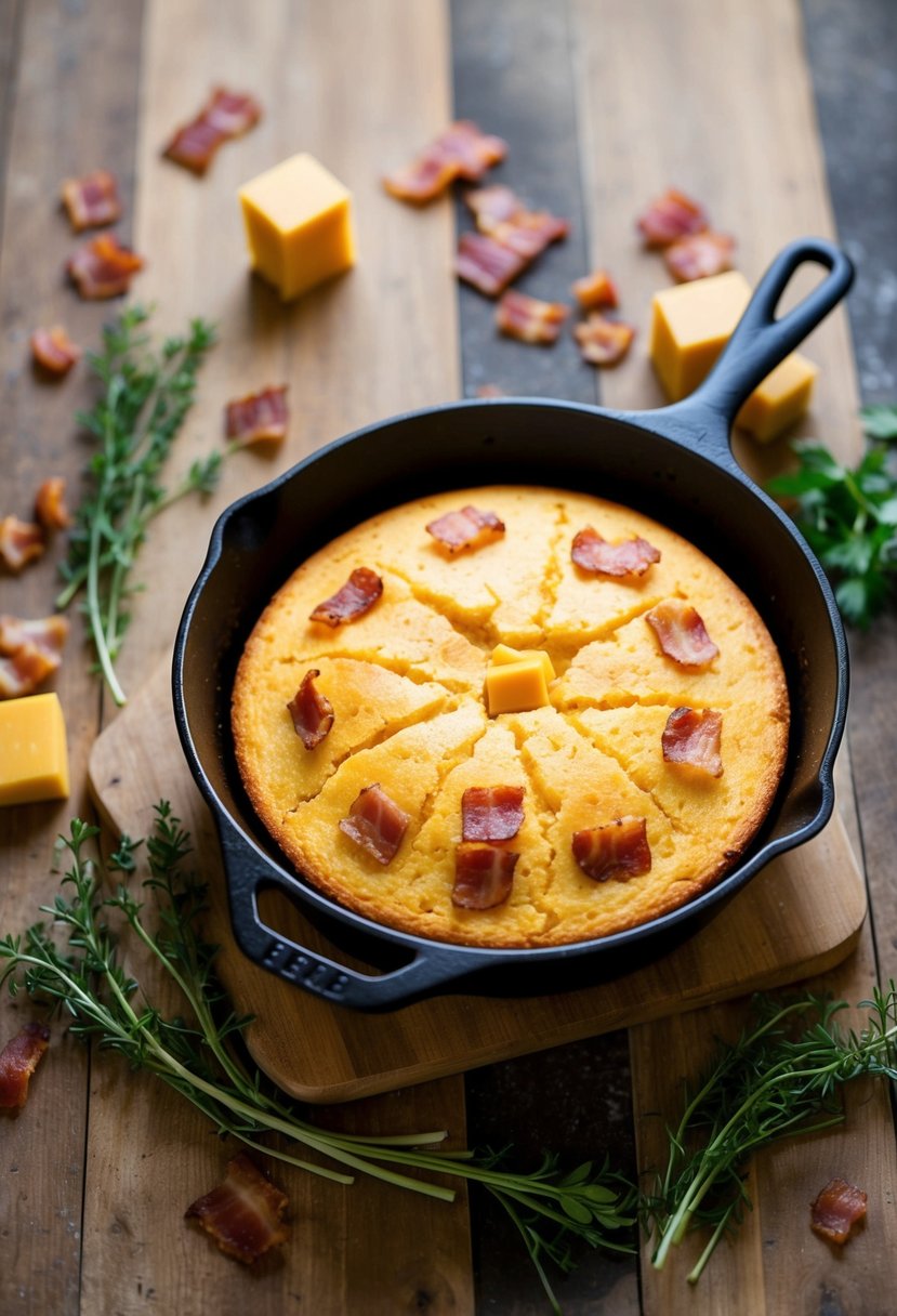 A cast-iron skillet with bacon-cheddar cornbread fresh from the oven, surrounded by scattered bacon pieces and a few sprigs of fresh herbs