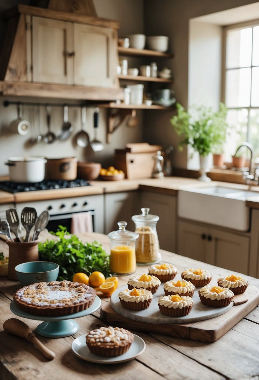 A rustic kitchen with vintage baking tools, fresh ingredients, and beautifully decorated pastries on a wooden table