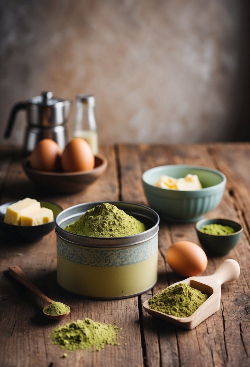 A rustic kitchen scene with a wooden table, a vintage baking tin, a bowl of matcha powder, and fresh ingredients like eggs and butter