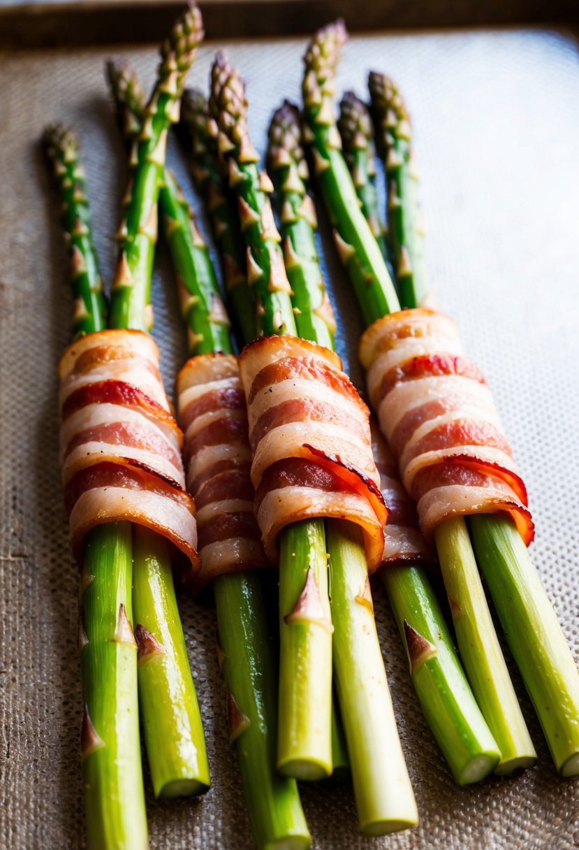 Asparagus spears wrapped in bacon, bundled together on a baking sheet