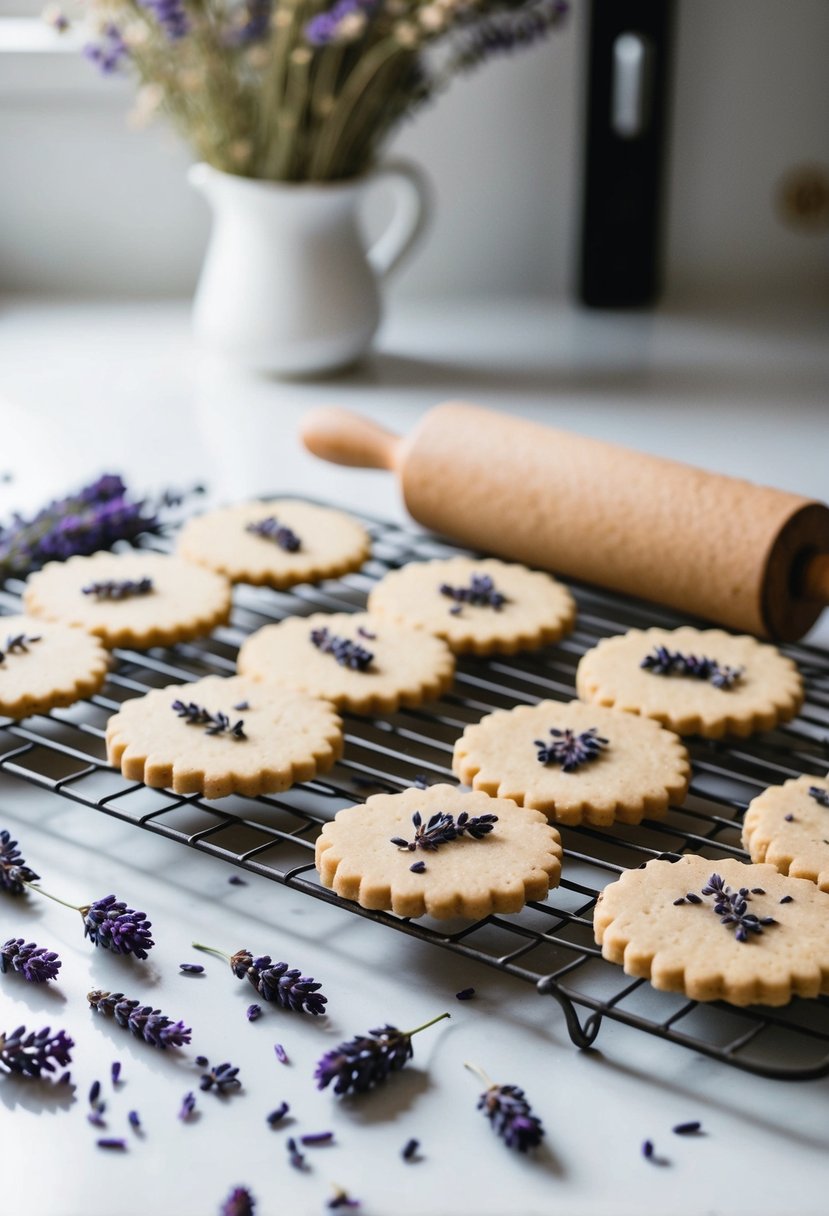 A kitchen counter with a cooling rack of lavender shortbread cookies, surrounded by scattered dried lavender flowers and a vintage rolling pin