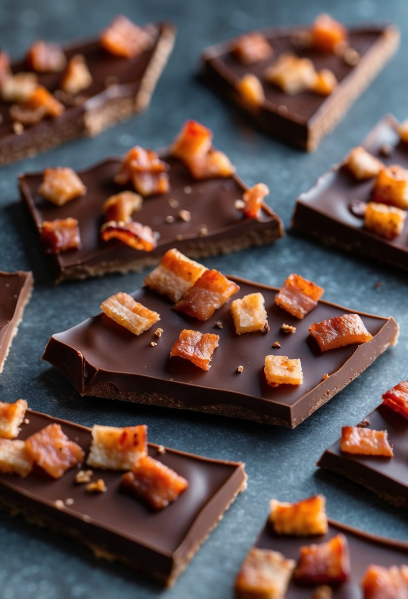 A slab of chocolate bark topped with crispy bacon pieces