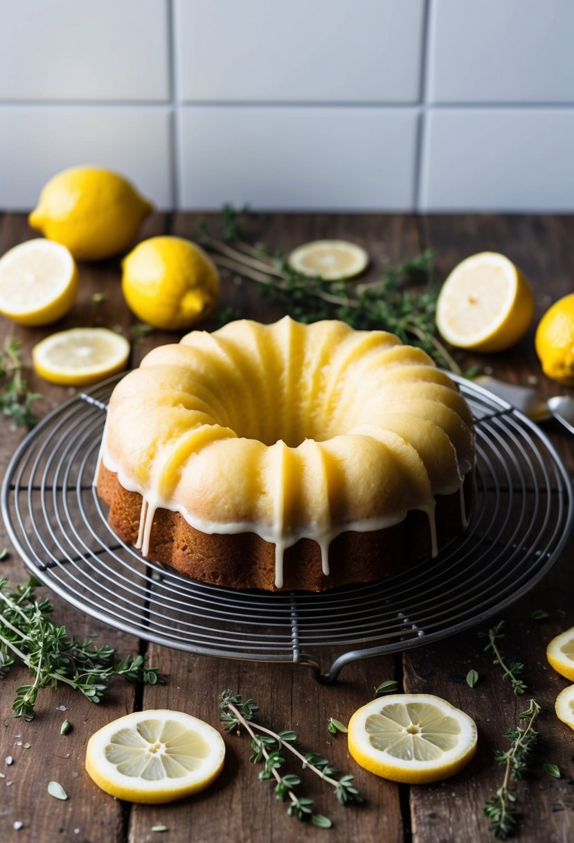 A rustic kitchen counter with a freshly baked lemon thyme pound cake cooling on a wire rack, surrounded by scattered sprigs of thyme and lemon slices